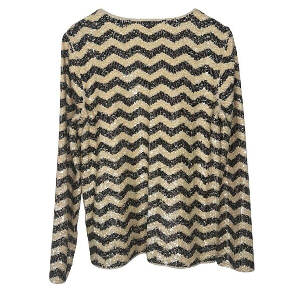 J. Crew Chevron Sequin Top Womens Medium Black Ivory Long Sleeve 100% Cotton - Picture 2 of 6